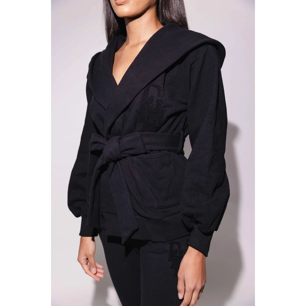 Black Hooded Fancy Homebody Cozy Flight Wrap Sweater Jacket Sz S